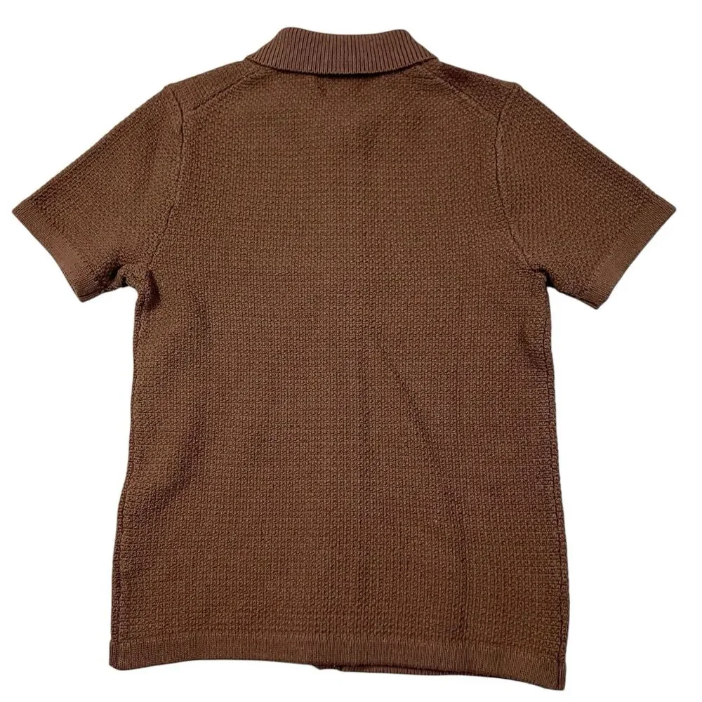 J Crew Polo Cardigan Men XS Brown Cotton Waffle Knit Short Sleeve Sweater CQ900